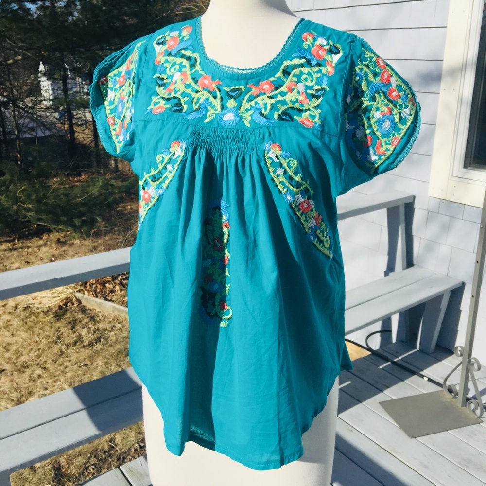 Mexico embroidered peasant top M/L teal
